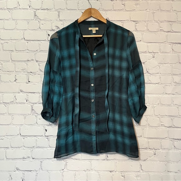 Burberry Brit Petrol Blue Checkered Sheer Silk Blouse Size XS - Picture 4 of 9